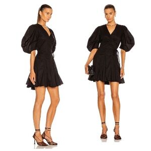 RHODE LUXURY RESORT CLAUDINE PUFF SLEEVE WRAP DRESS in BLACK